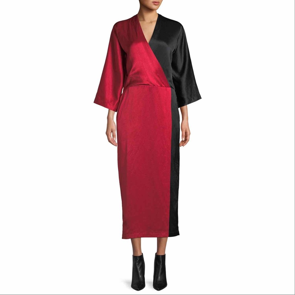 Zero + Maria Cornejo Oki Dress Size 6 Red Black Colorblock Satin Faux Wrap Dopio